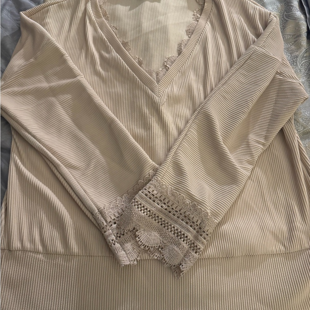 Beige Lace Trim Ribbed Top